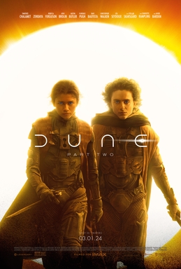 Poster for Dune Part Two showing the main characters in desert tones.